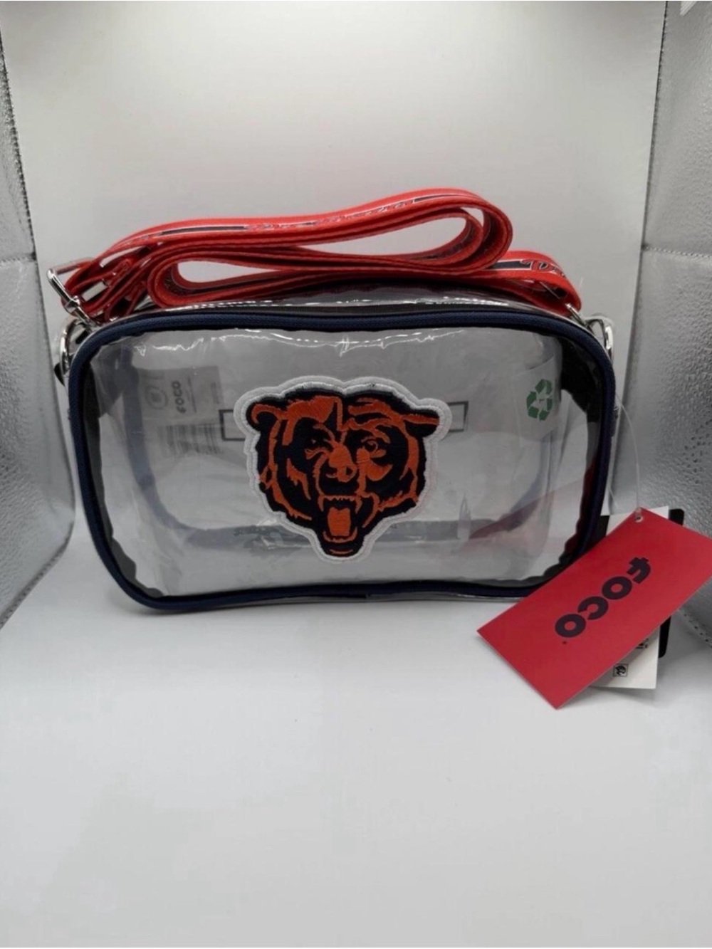 Clear Shoulder Bag with Bear Patch - Navy Trim & Red Strap